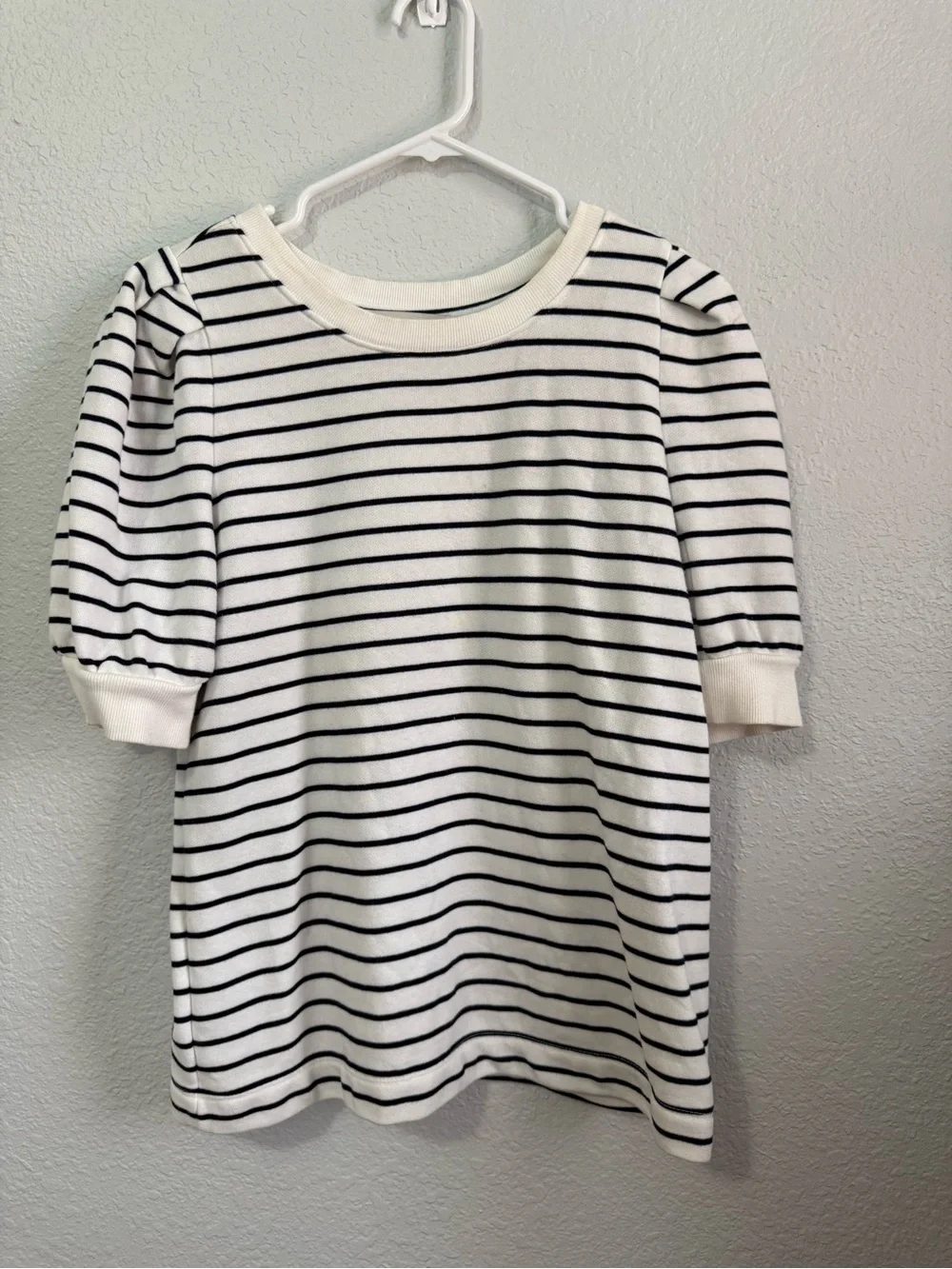 LOFT White & Black Striped Puff Sleeve Dress